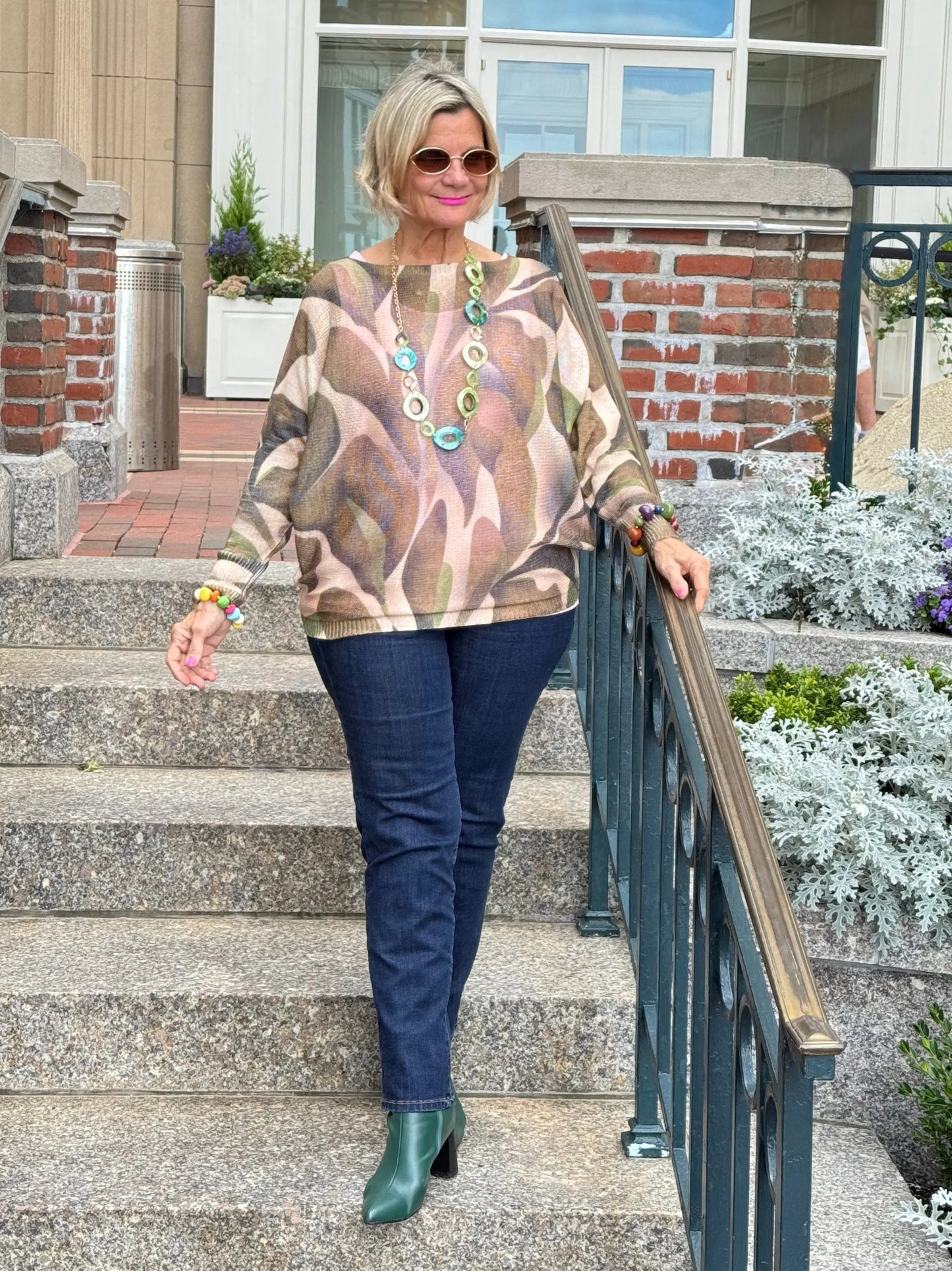 Olive Abstract Round Neck Knit Printed Sweater