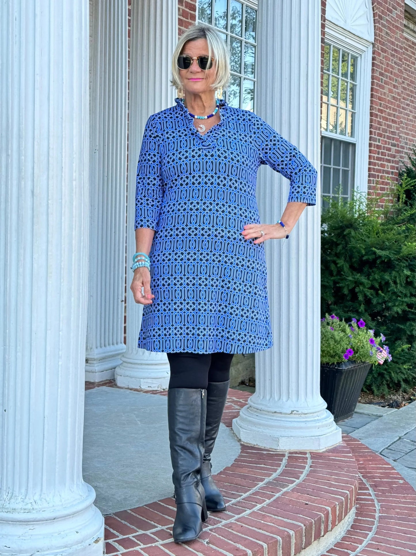 SHADES OF BLUE RUFFLE SLEEVE DRESS