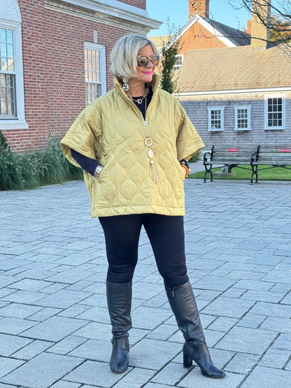 Quilted Short Sleeves Puffer Pullover Poncho Mustard