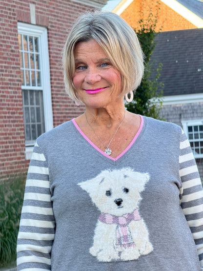 Maltese Puppy Striped Sleeve Sweater