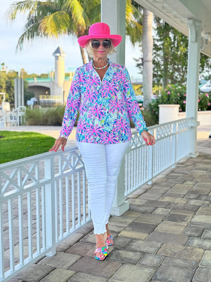 PINK PALM TREE ZIPPER TOP