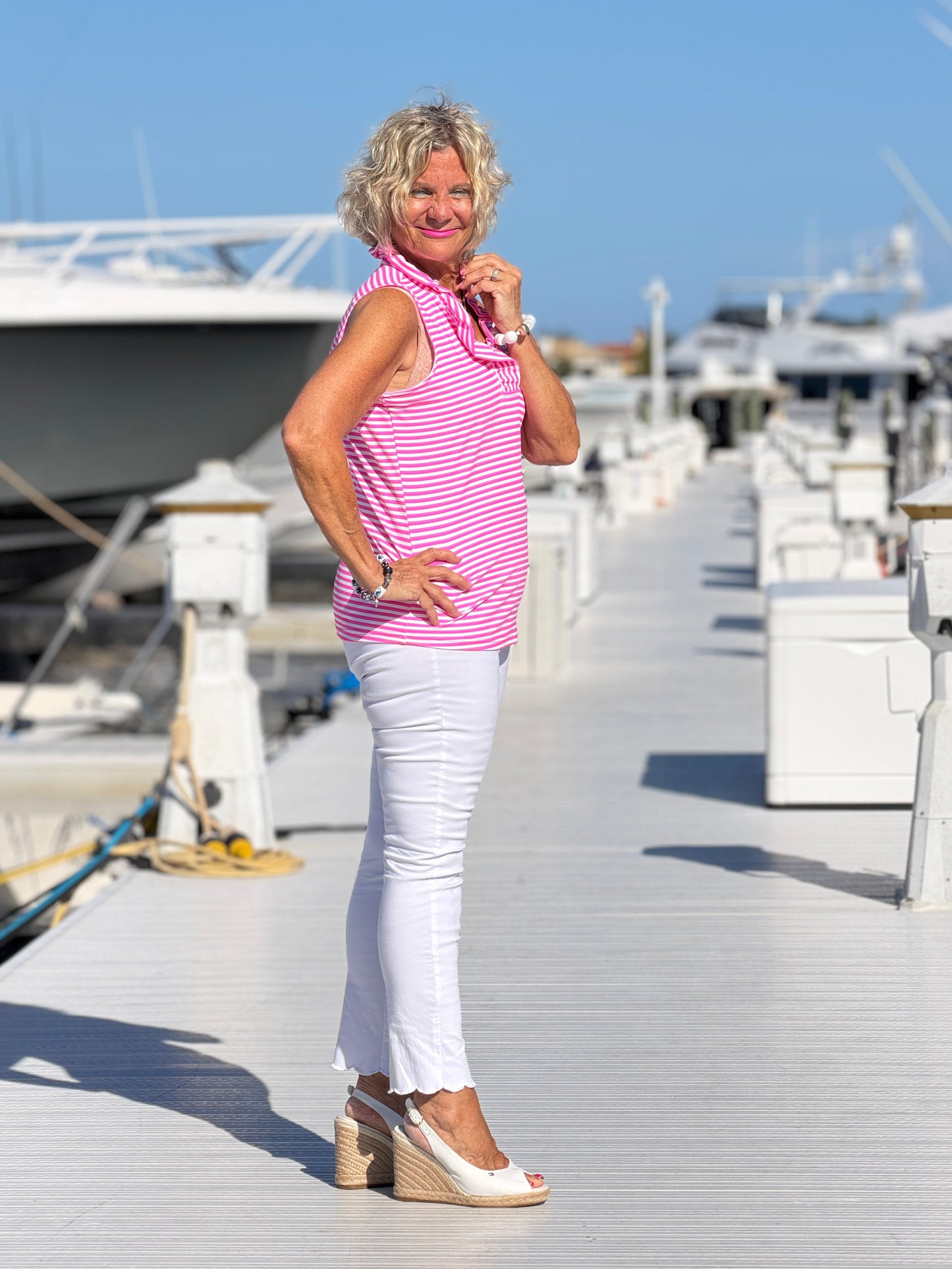 MARINA PINK STRIPE RUFFLE TOP