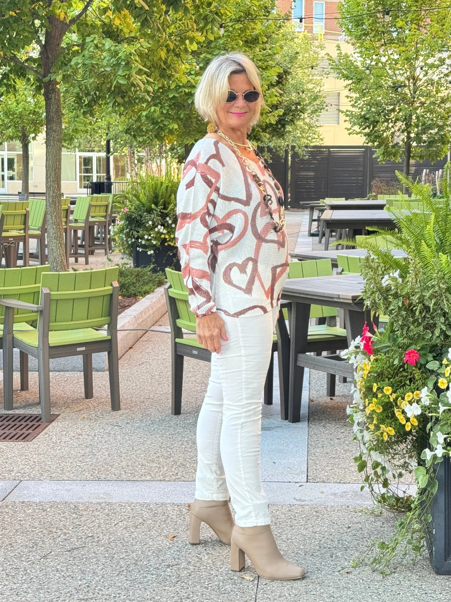 One Size Beige Heart Printed Knitted Sweater