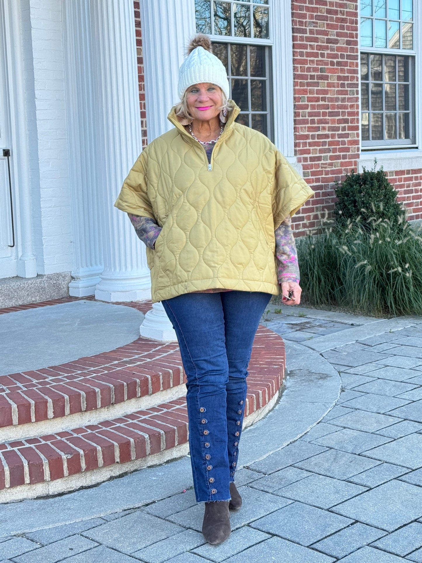Quilted Short Sleeves Puffer Pullover Poncho Mustard