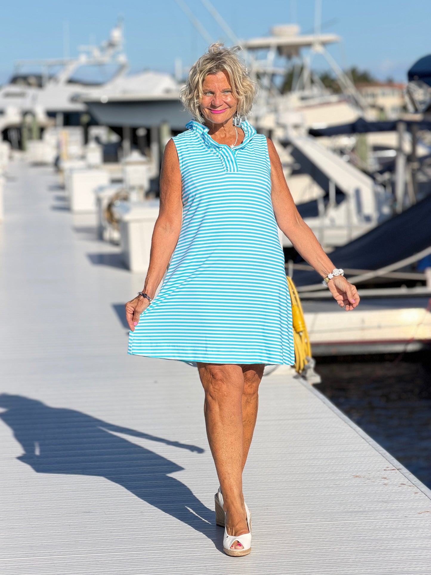 OCEAN BLUE STRIPE RUFFLE DRESS