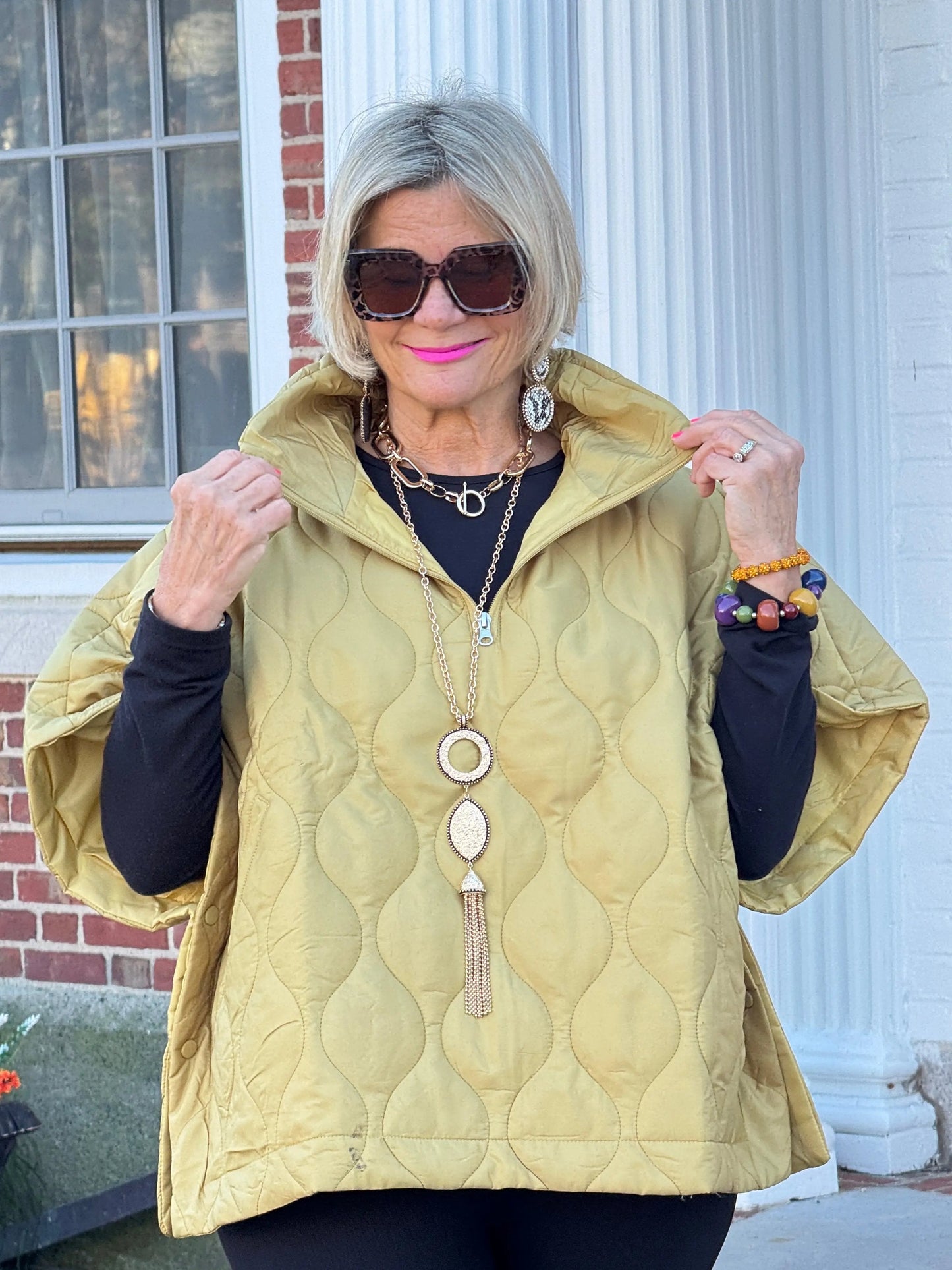Quilted Short Sleeves Puffer Pullover Poncho Mustard
