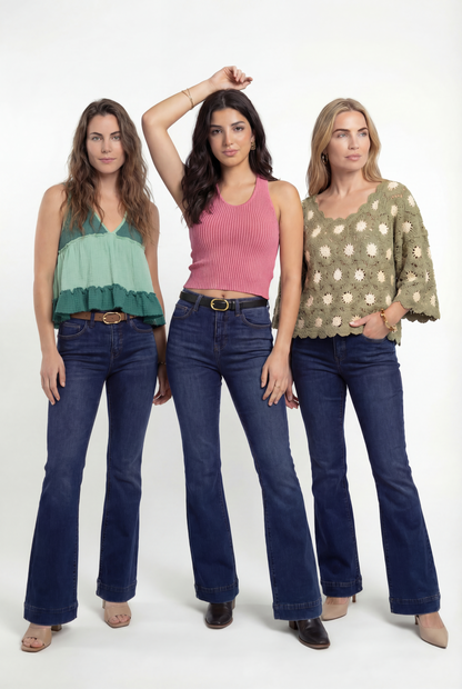 The Gwen Mid-Rise Tummy Control Flare - Three Inseams (Blue)