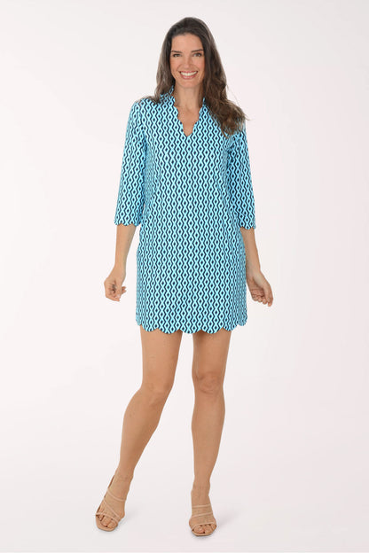Turquoise Argyle Rope UPF50+ Scalloped Travel Dress