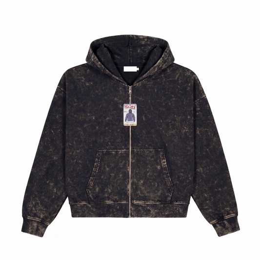Acid Wash Crop Zip Hoodie Black