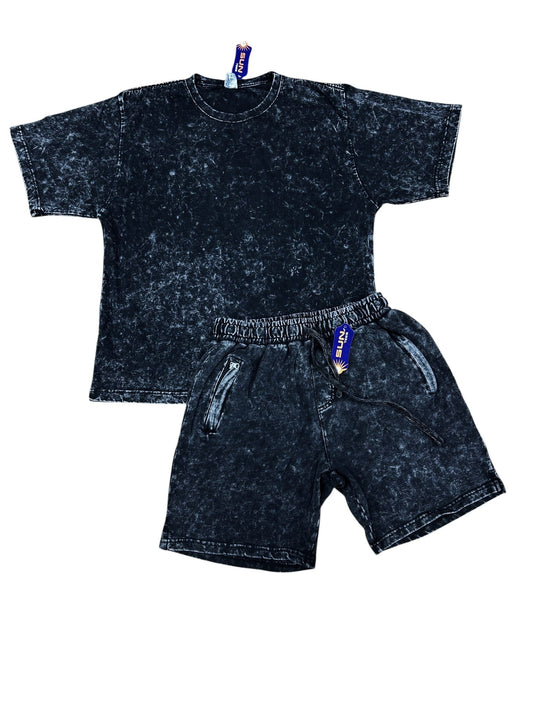 Acid Wash Heavy T-shirt + Short Set 300 GSM Black Wash