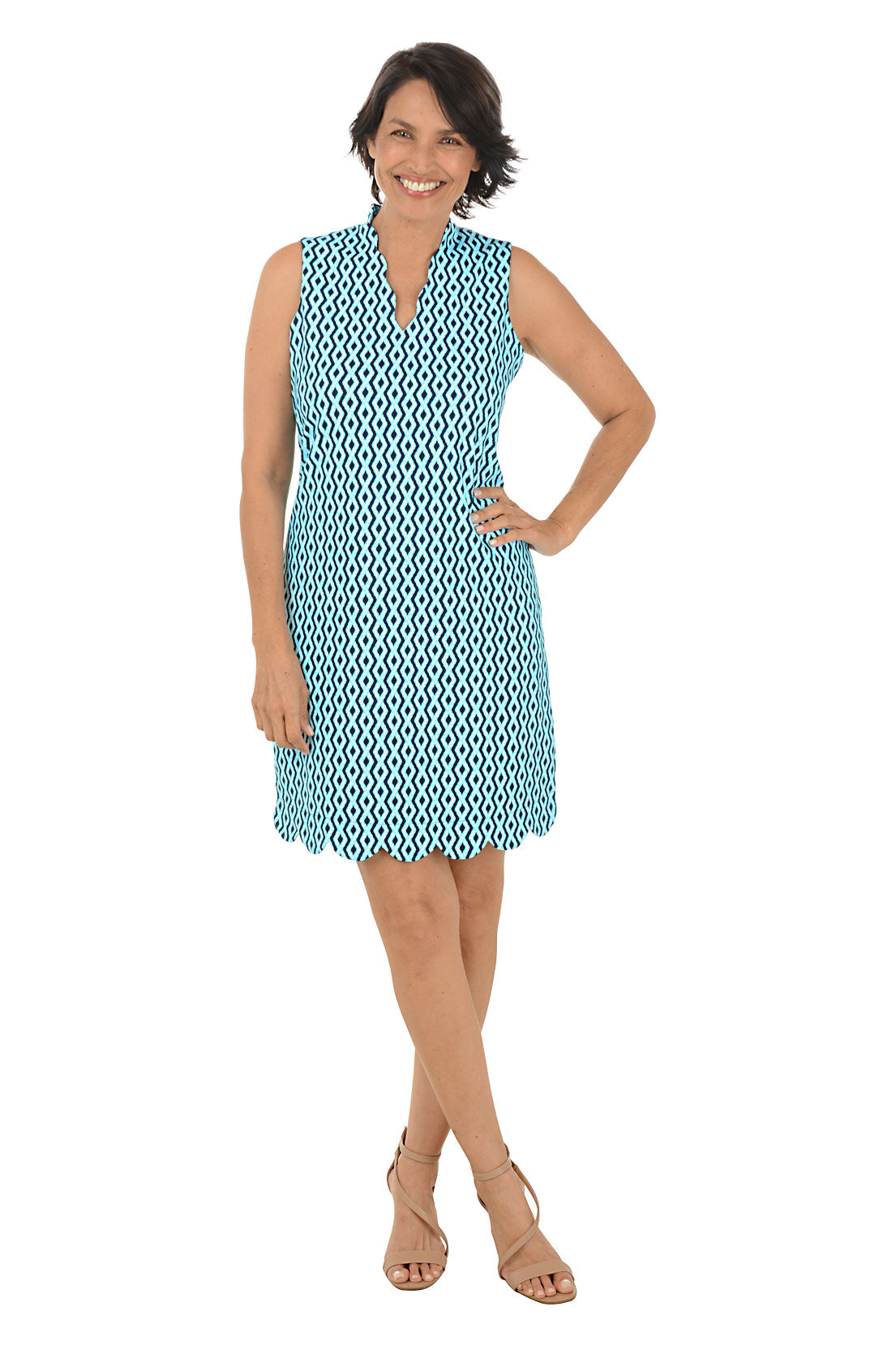 Turquoise Argyle Rope UPF50+ Scalloped Sleeveless Dress