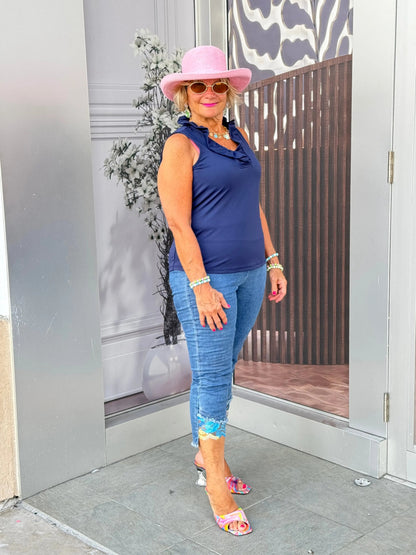 NAVY SLEEVELESS RUFFLE TOP