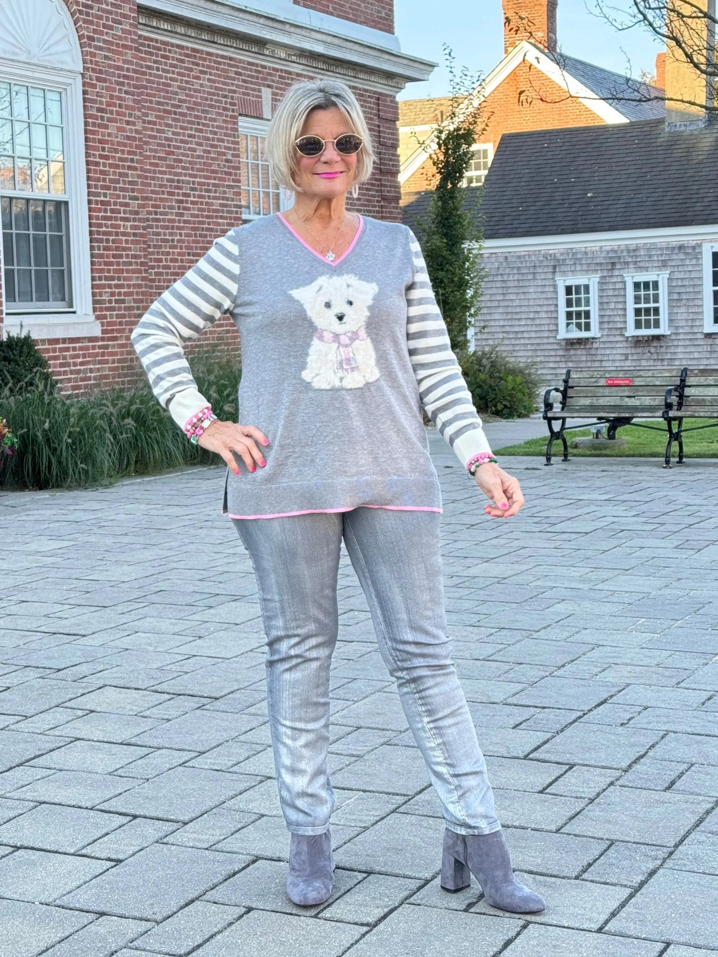 Maltese Puppy Striped Sleeve Sweater