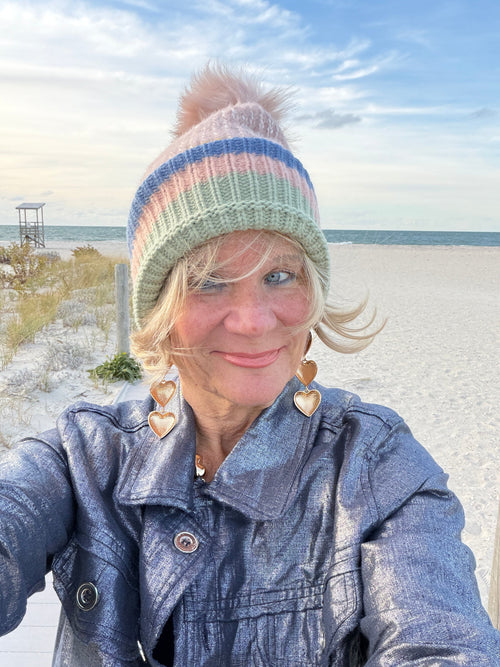Multi Pastel Stripe Knit Pom Beanie