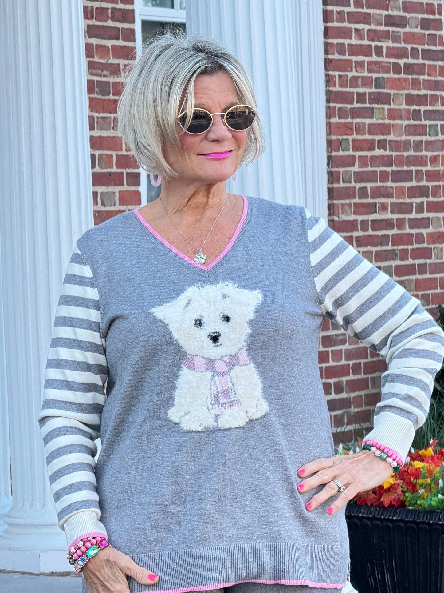 Maltese Puppy Striped Sleeve Sweater