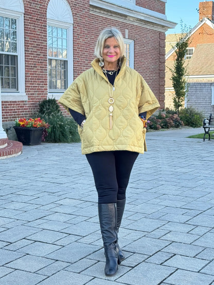 Quilted Short Sleeves Puffer Pullover Poncho Mustard