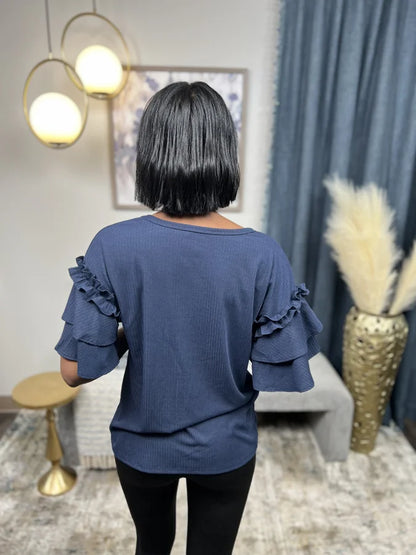 Look Inside You Women's Ribbed Ruffle Short Sleeve Top