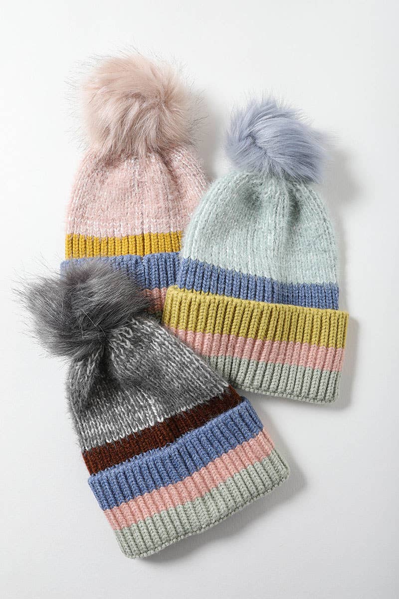 Multi Pastel Stripe Knit Pom Beanie
