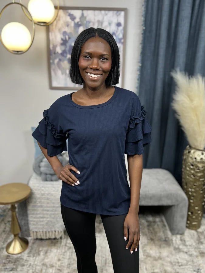 Look Inside You Women's Ribbed Ruffle Short Sleeve Top