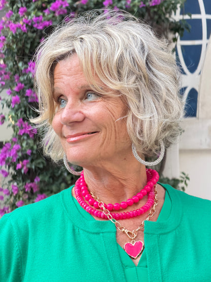 Pink Enamel Heart Pendant Accent Chunky Beaded Layered Statement Necklace