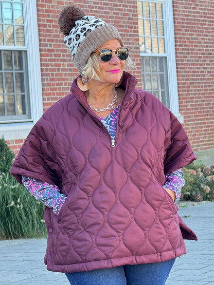 Quilted Short Sleeves Puffer Pullover Poncho Burgundy