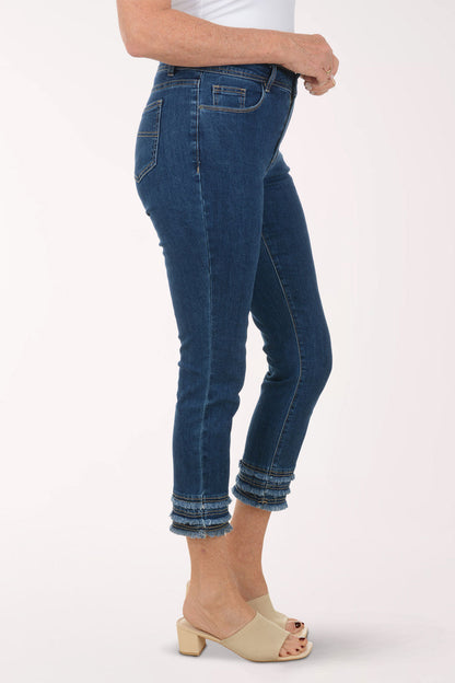 Triple Frayed Hem Stretch Denim Pant