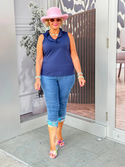 NAVY SLEEVELESS RUFFLE TOP