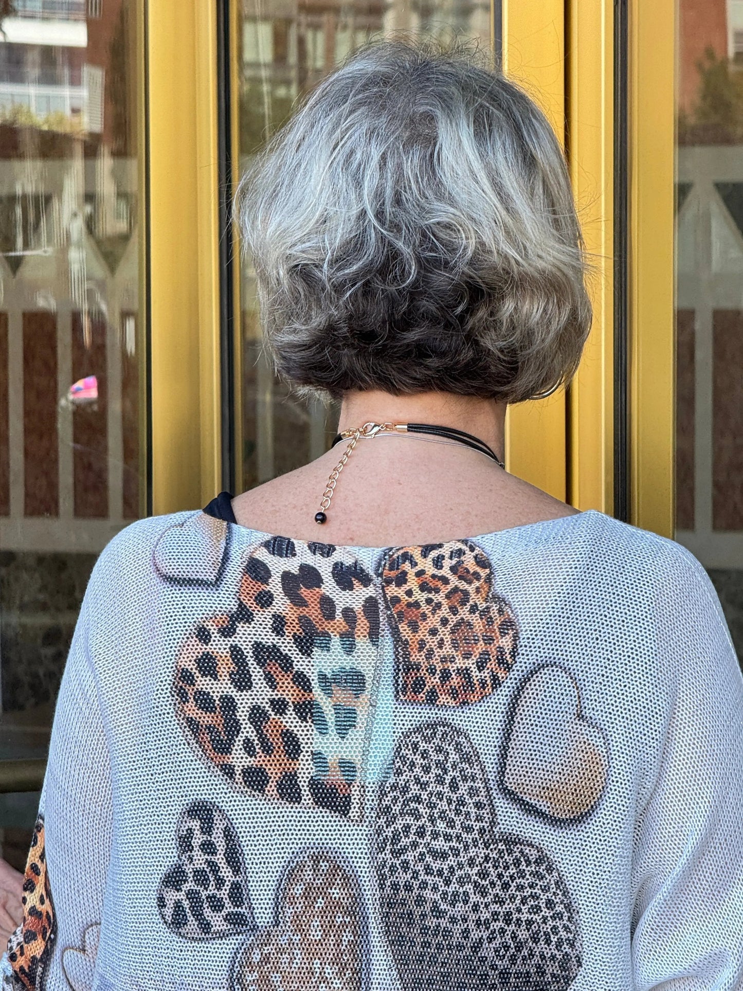 POHEART Beige Hearts V-Neck Knit Printed Sweater LOOWIE