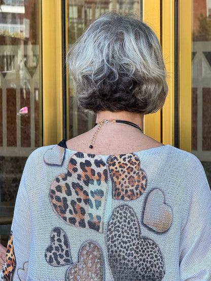 POHEART Beige Hearts V-Neck Knit Printed Sweater LOOWIE