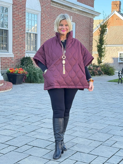 Quilted Short Sleeves Puffer Pullover Poncho Burgundy
