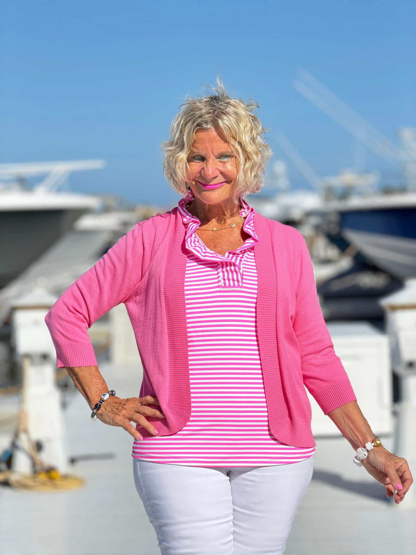 MARINA PINK STRIPE RUFFLE TOP