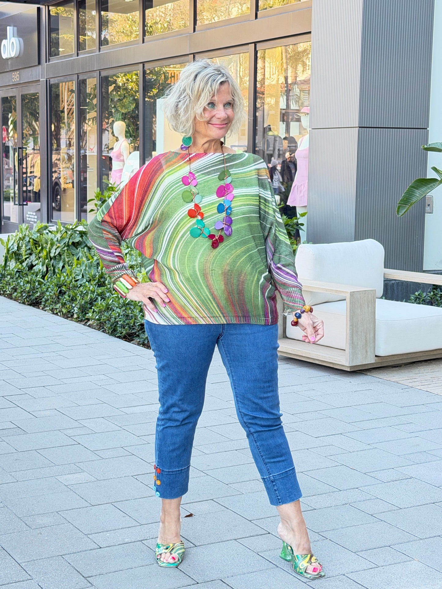 OLIVE Wavy Round Neck Knit Printed Sweater