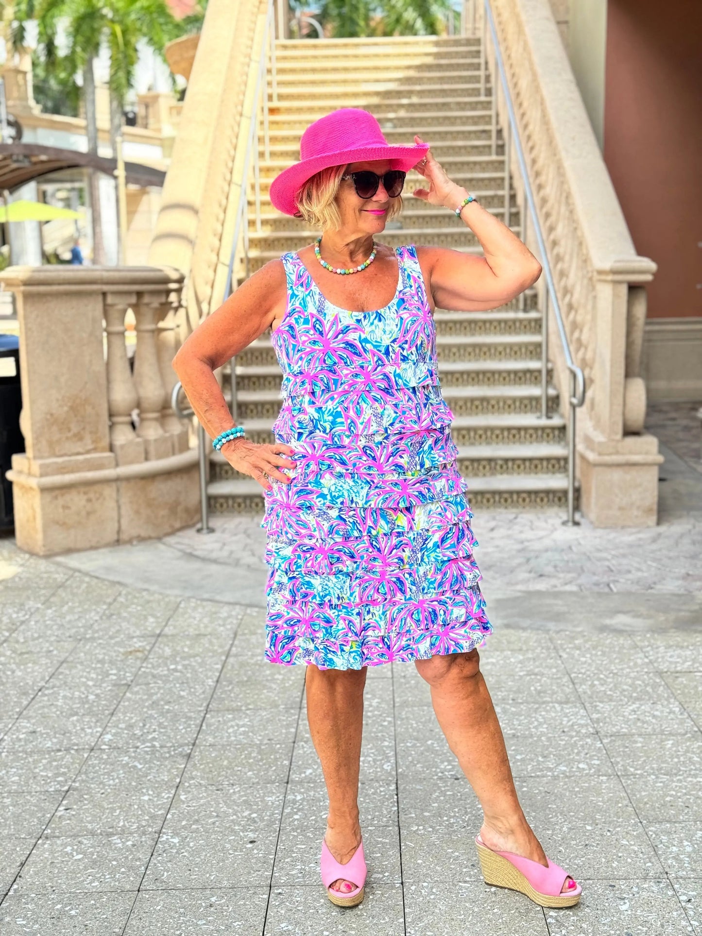 PINK PALM TREE LAYERED RUFFLE DRESS