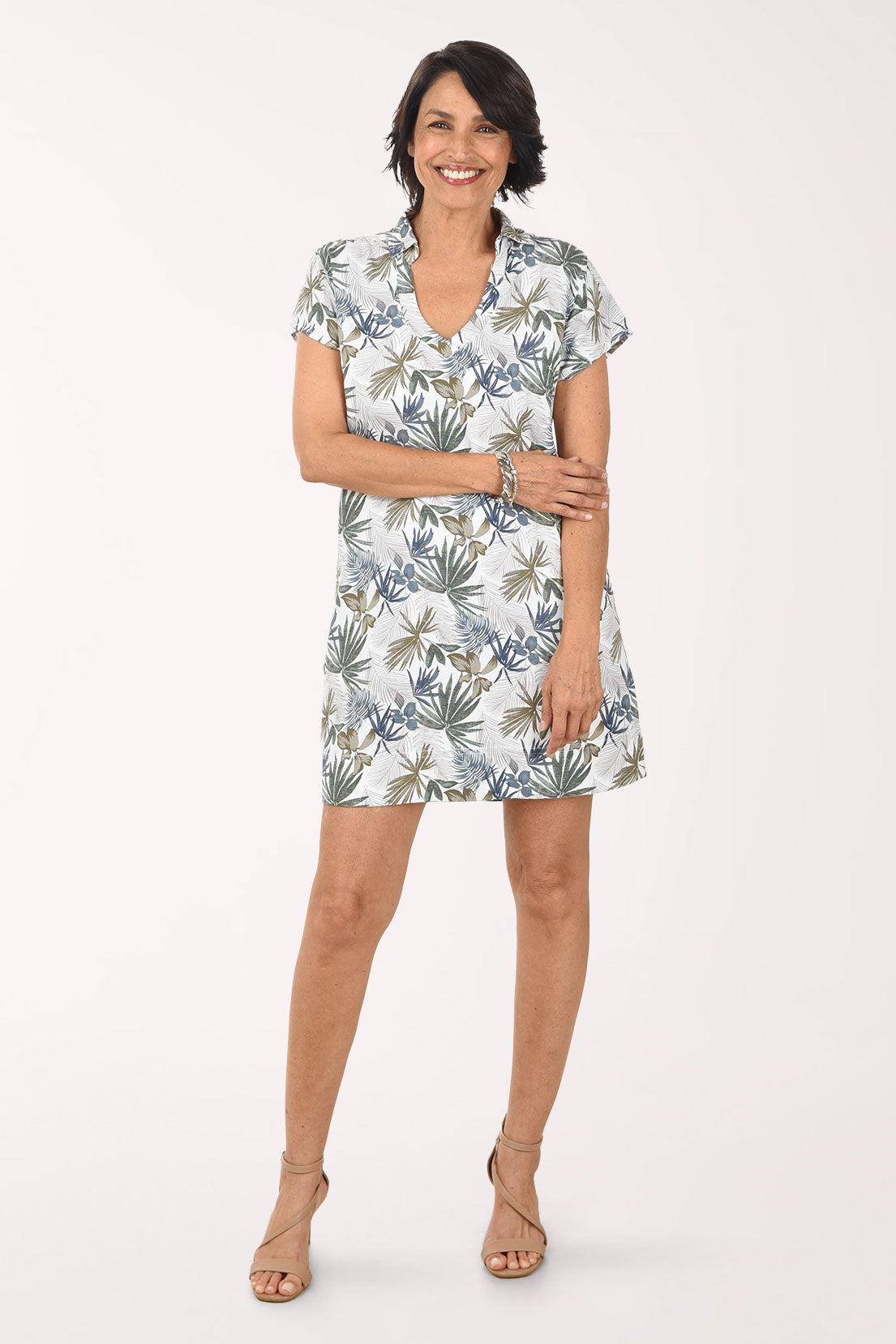 Tropical Leaves Linen-Blend Collared Dress