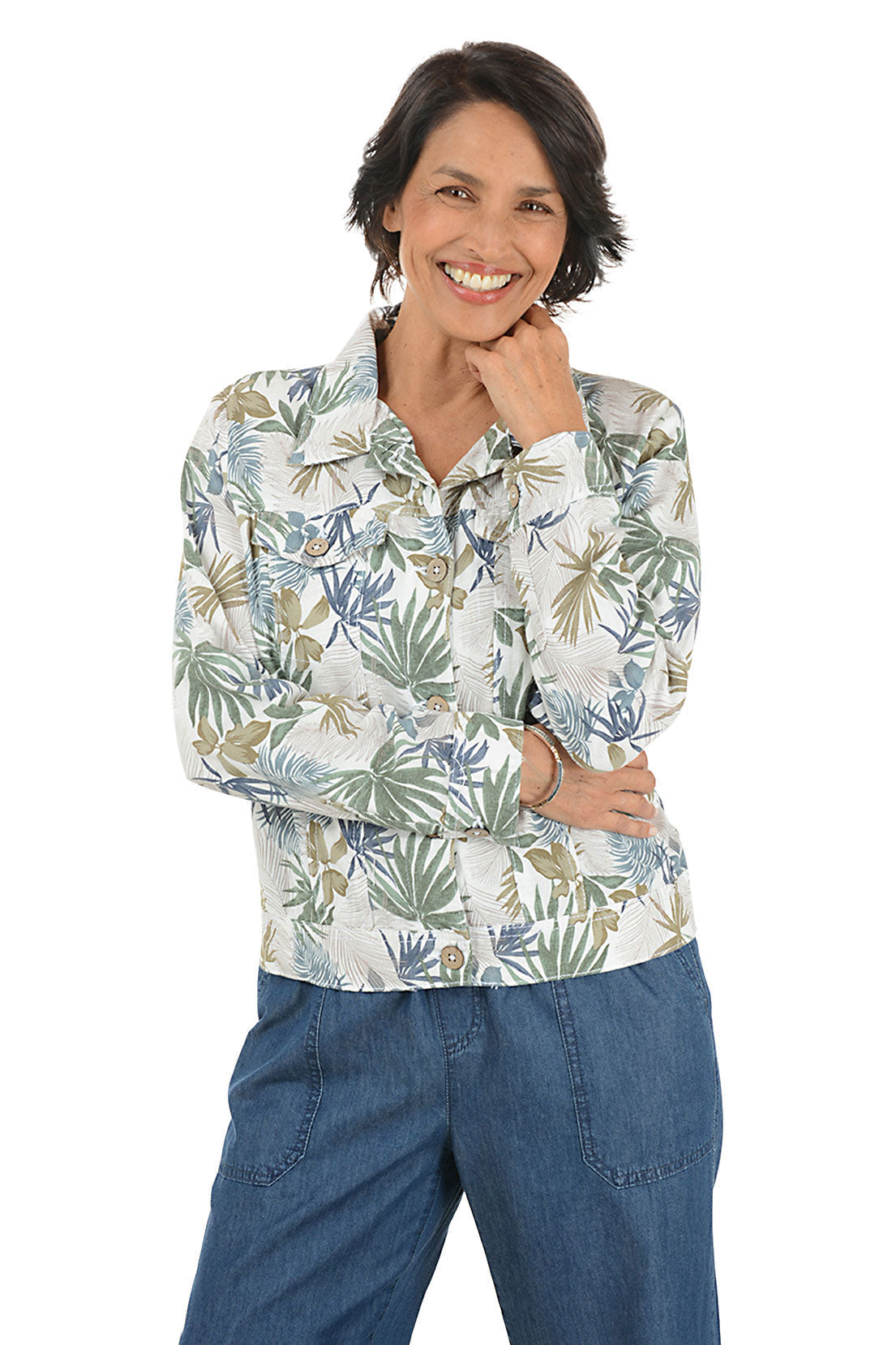 Tropical Leaves Linen-Blend Jacket