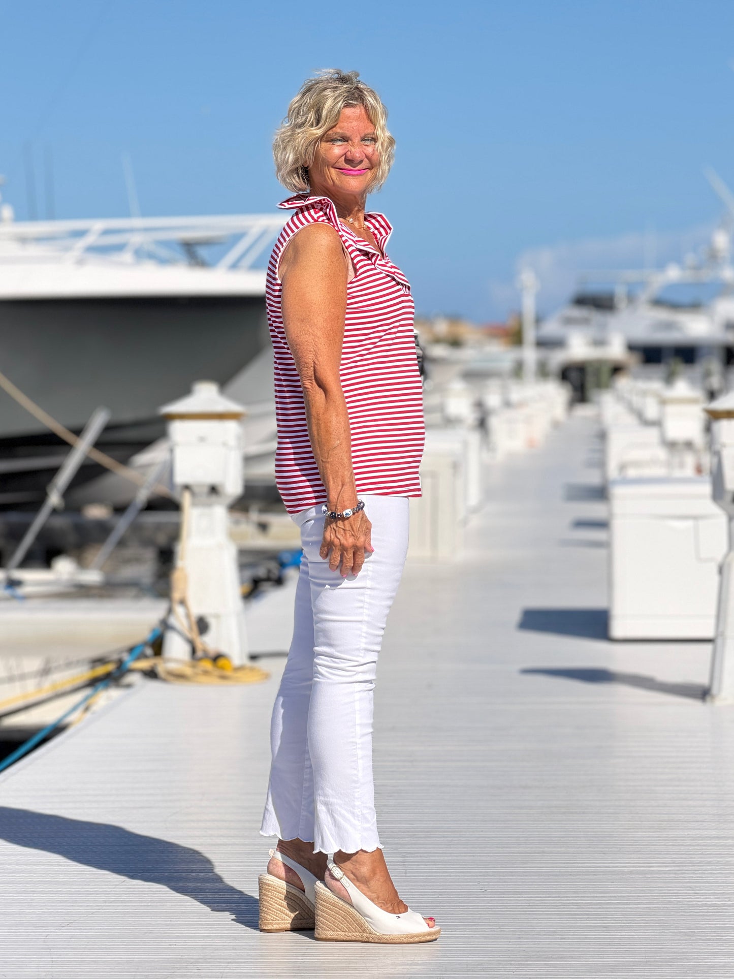 REGATTA RED STRIPE SLEEVELESS RUFFLE TOP