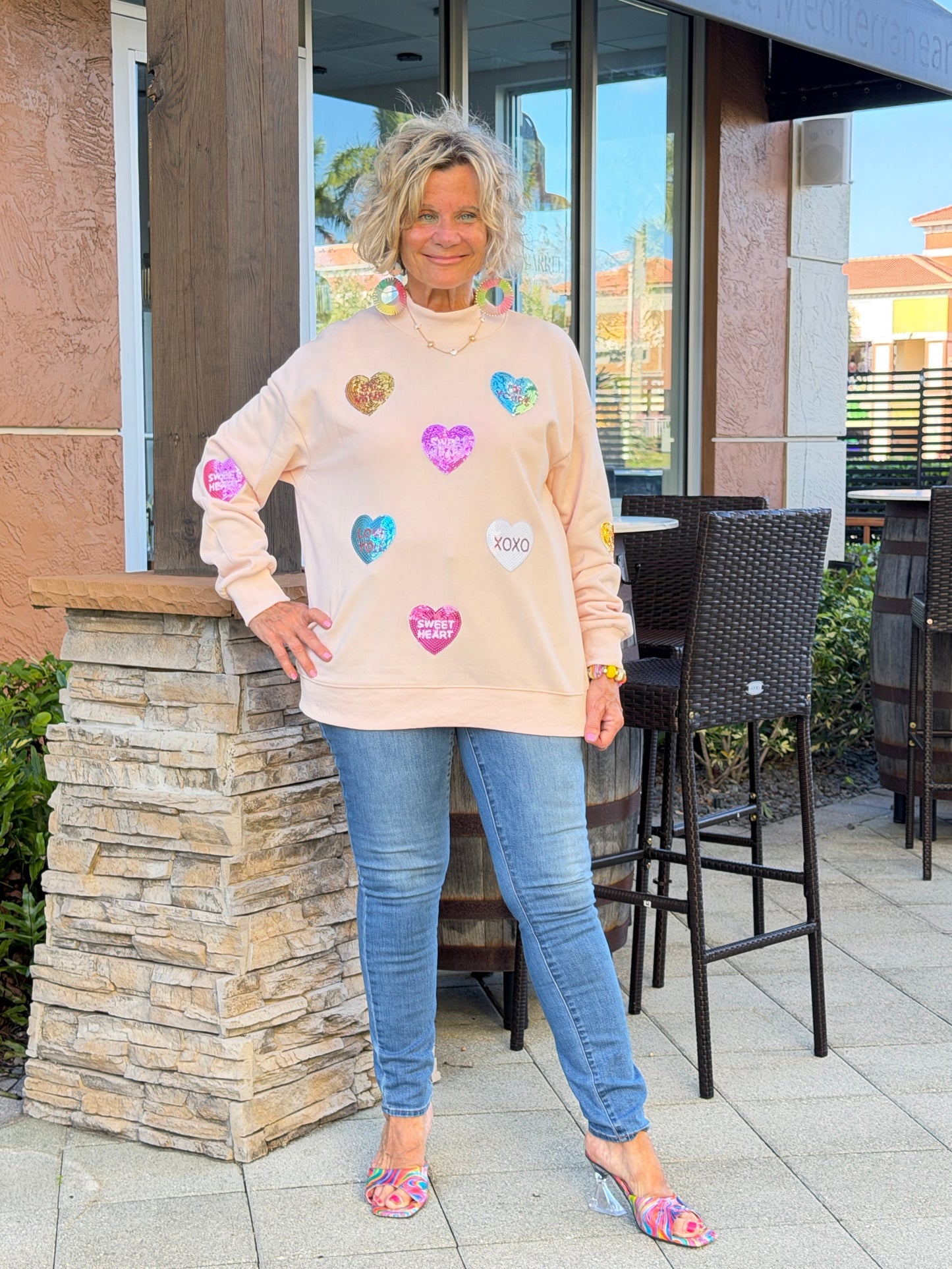 Sequin Romantic Heart Graphic Valentines Sweatshirt