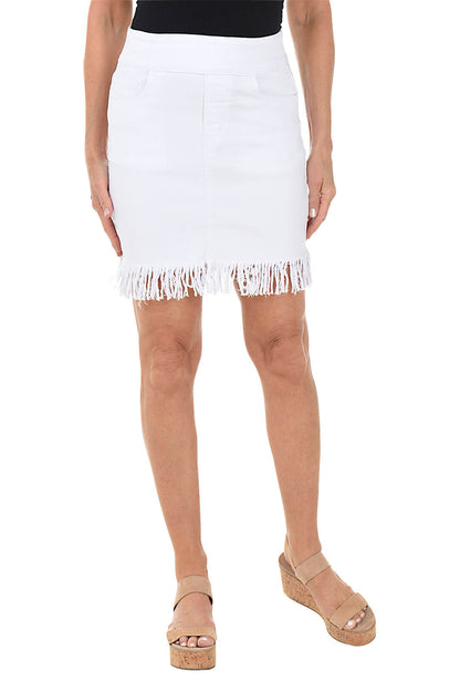 White Fringed Pull-On Denim Skirt
