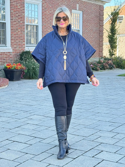 Quilted Short Sleeves Puffer Pullover Poncho Navy
