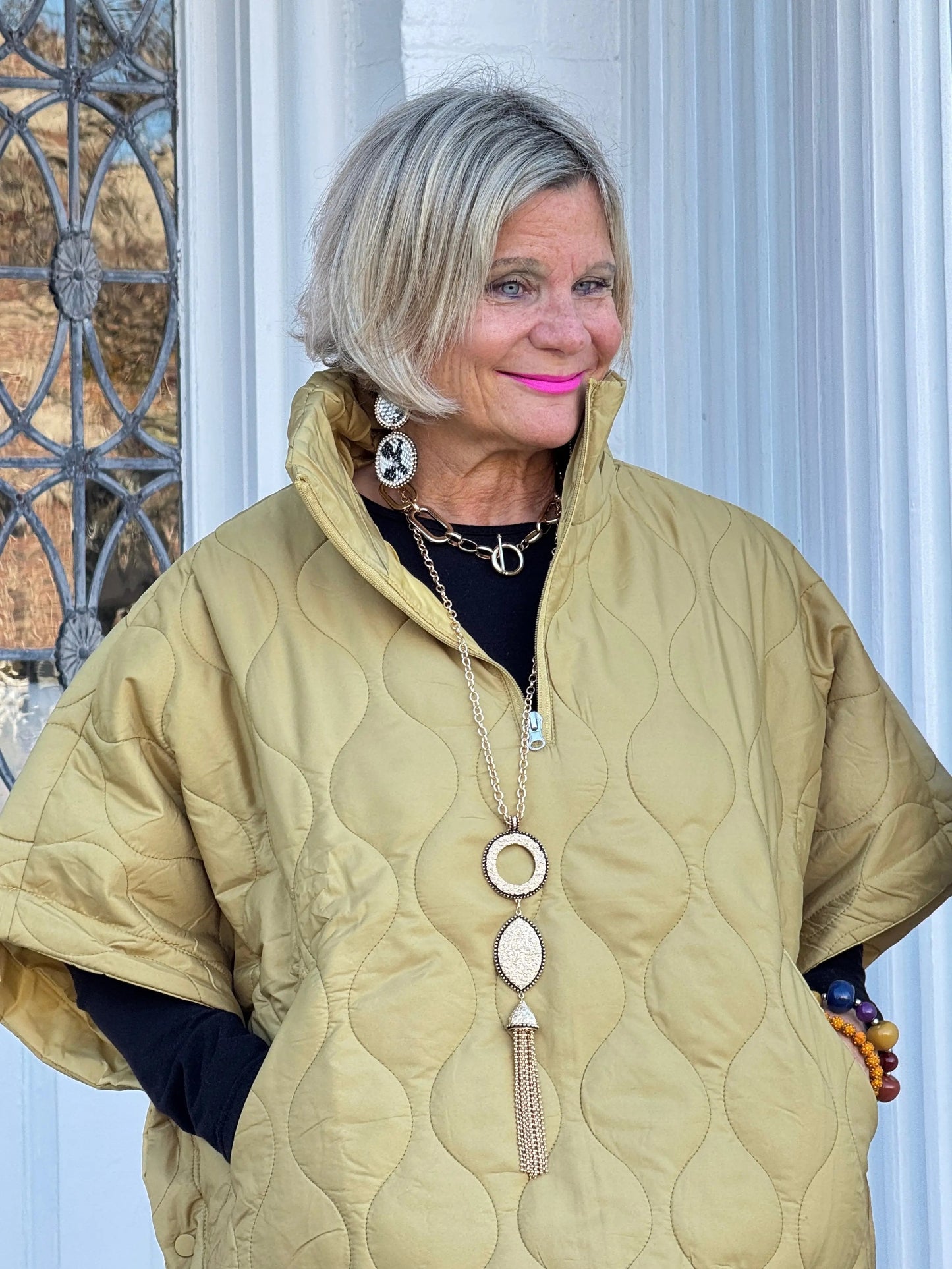 Quilted Short Sleeves Puffer Pullover Poncho Mustard