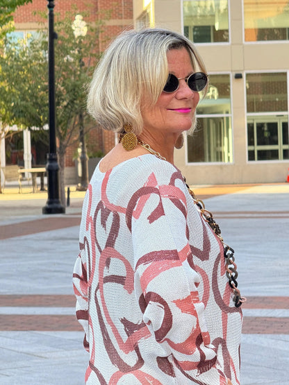 One Size Beige Heart Printed Knitted Sweater