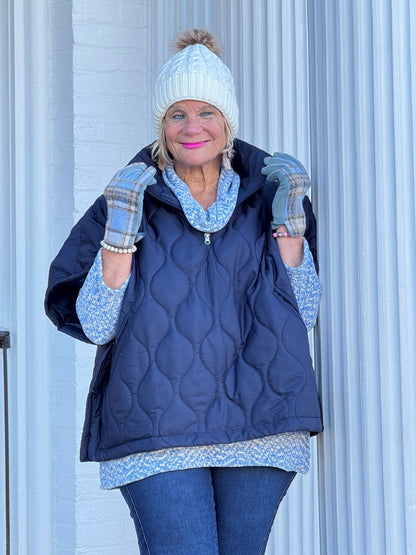 Quilted Short Sleeves Puffer Pullover Poncho Navy