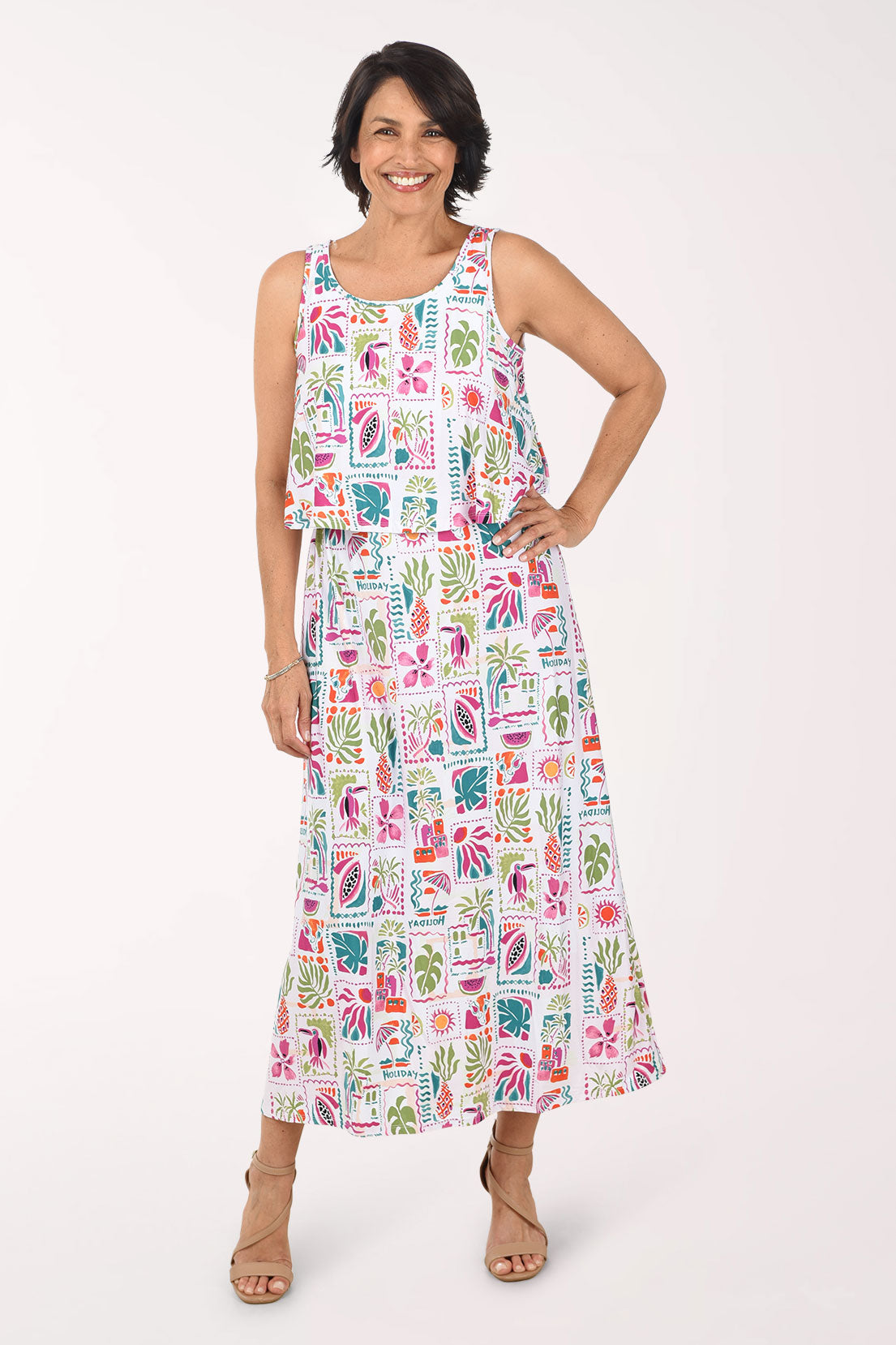 Tropical Holiday Popover Sleeveless Maxi Dress