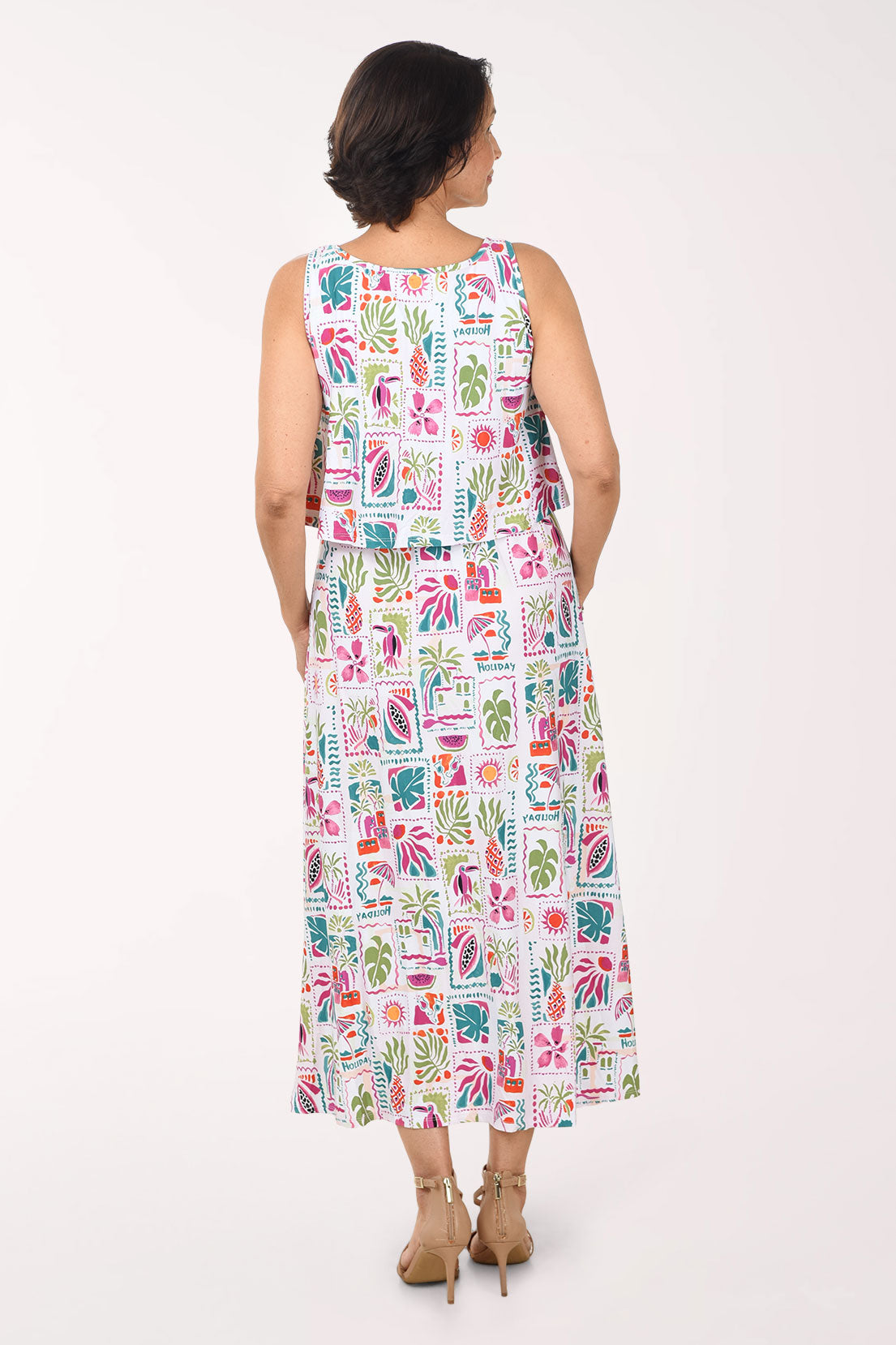 Tropical Holiday Popover Sleeveless Maxi Dress