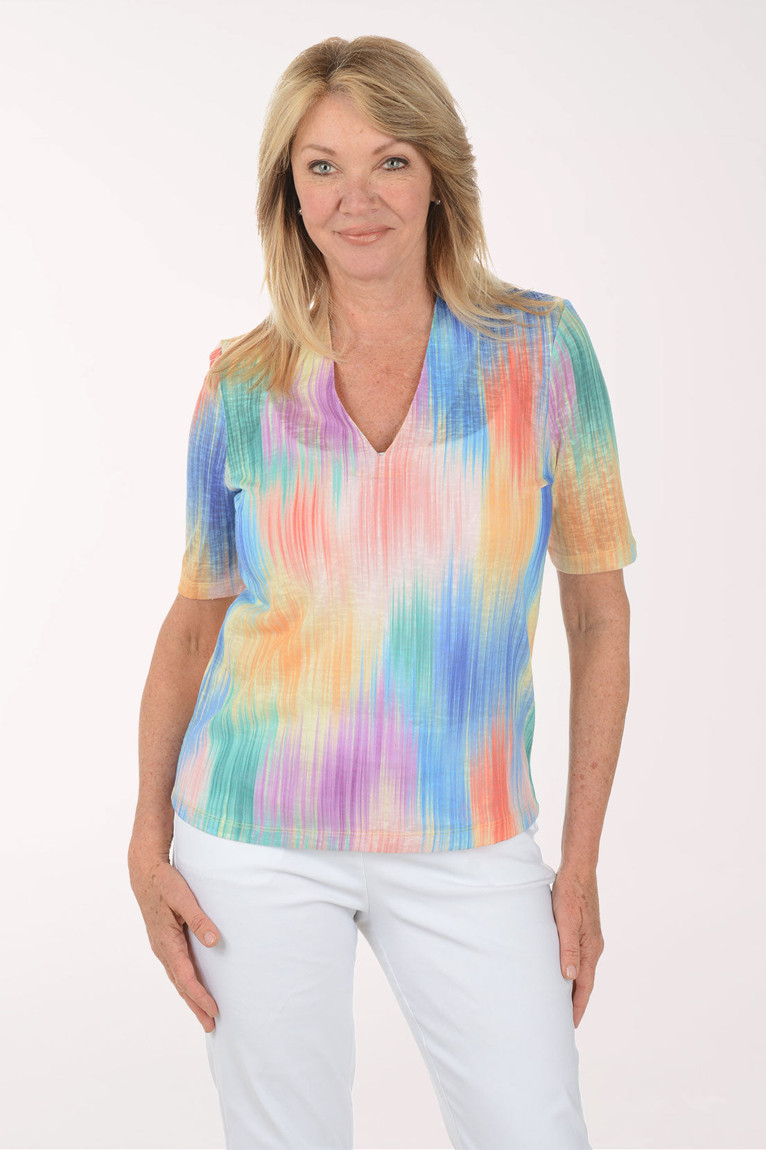 Tropical Ikat V-Neck Elbow Sleeve Top