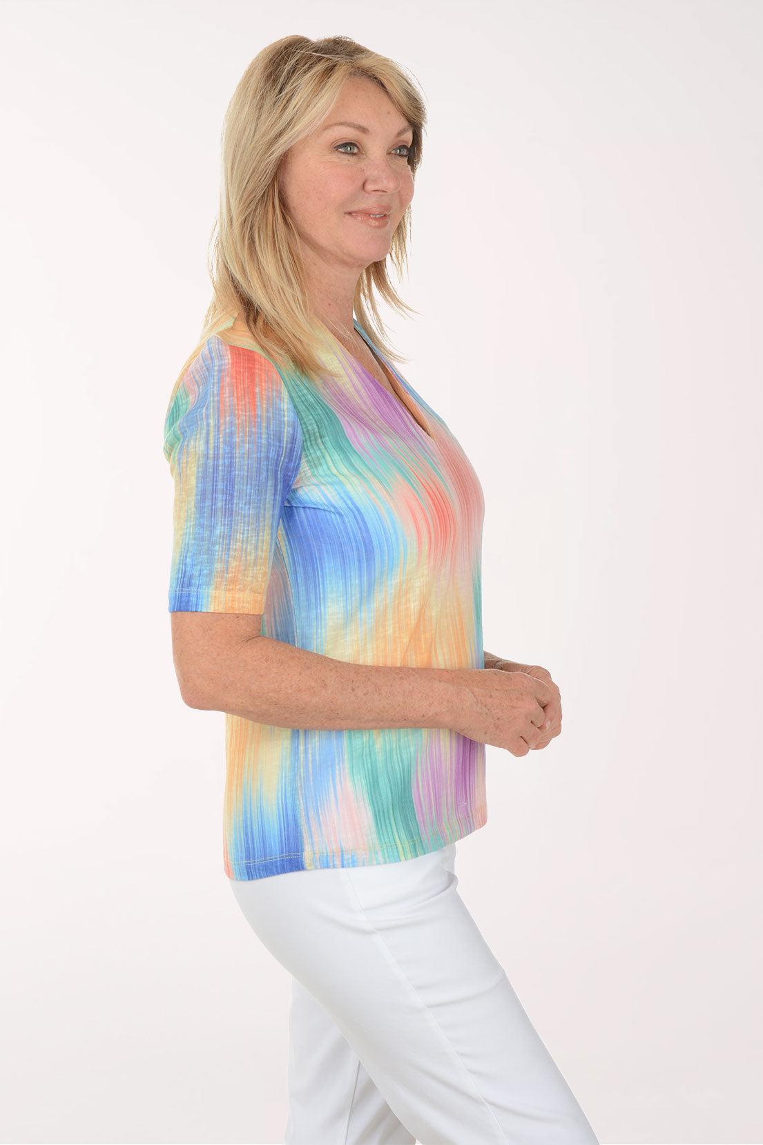 Tropical Ikat V-Neck Elbow Sleeve Top