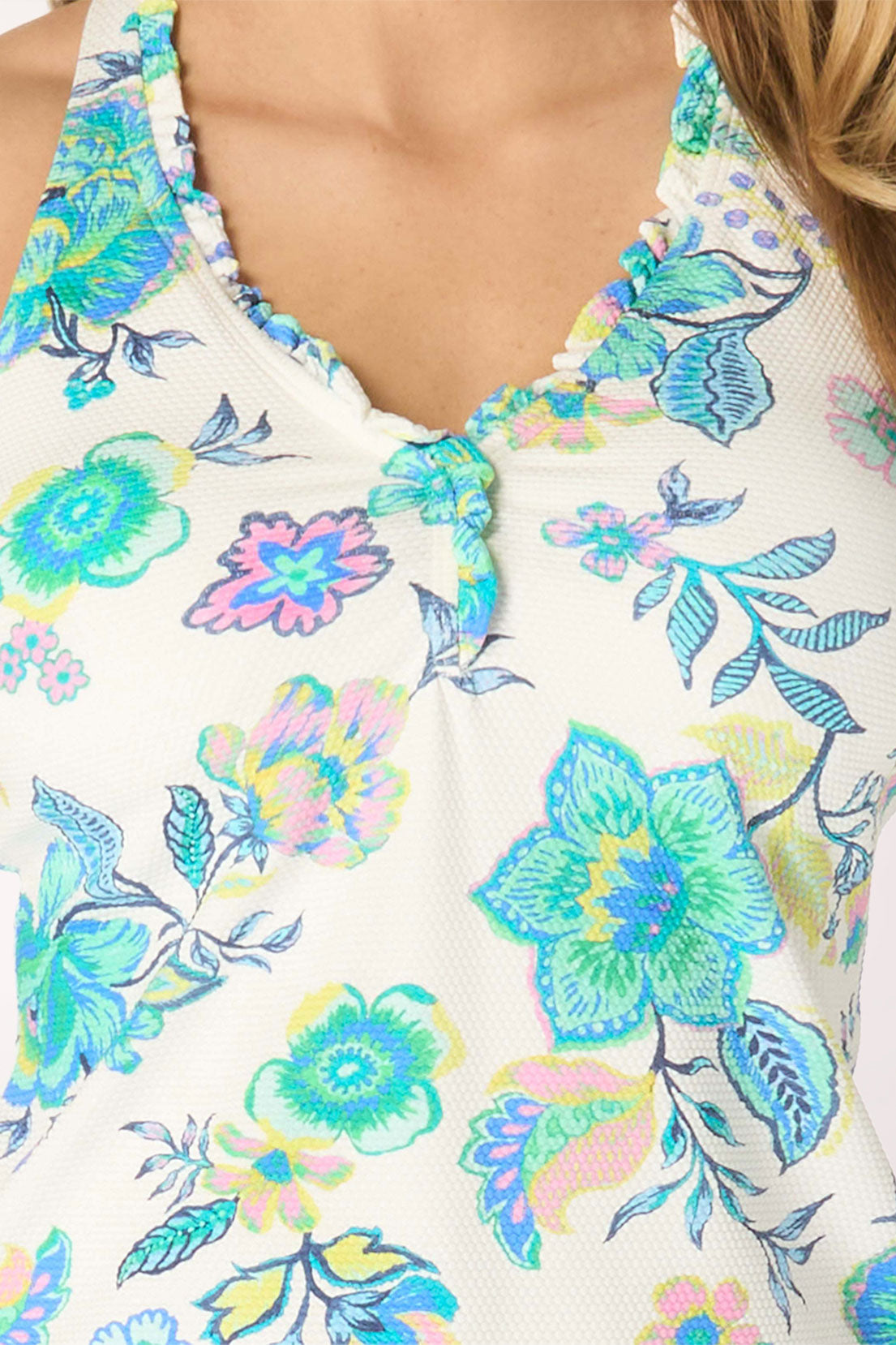 White Diamond Meadows Ruffled Trim Tankini Top