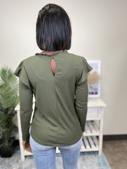 Ruffle Women's Ribbed Long Sleeve Top