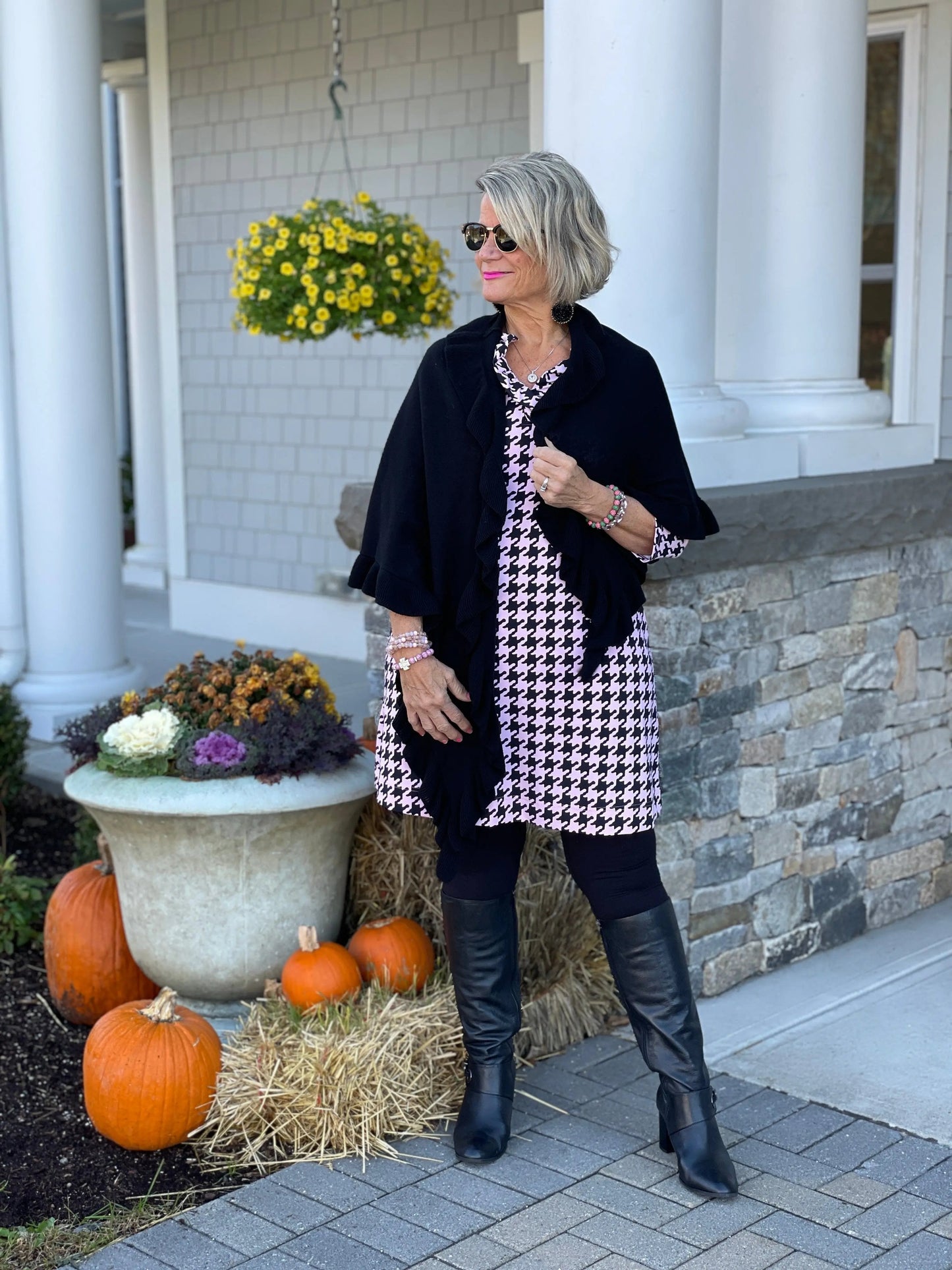 PINK HOUNDSTOOTH RUFFLE NECK DRESS FINAL,SALE