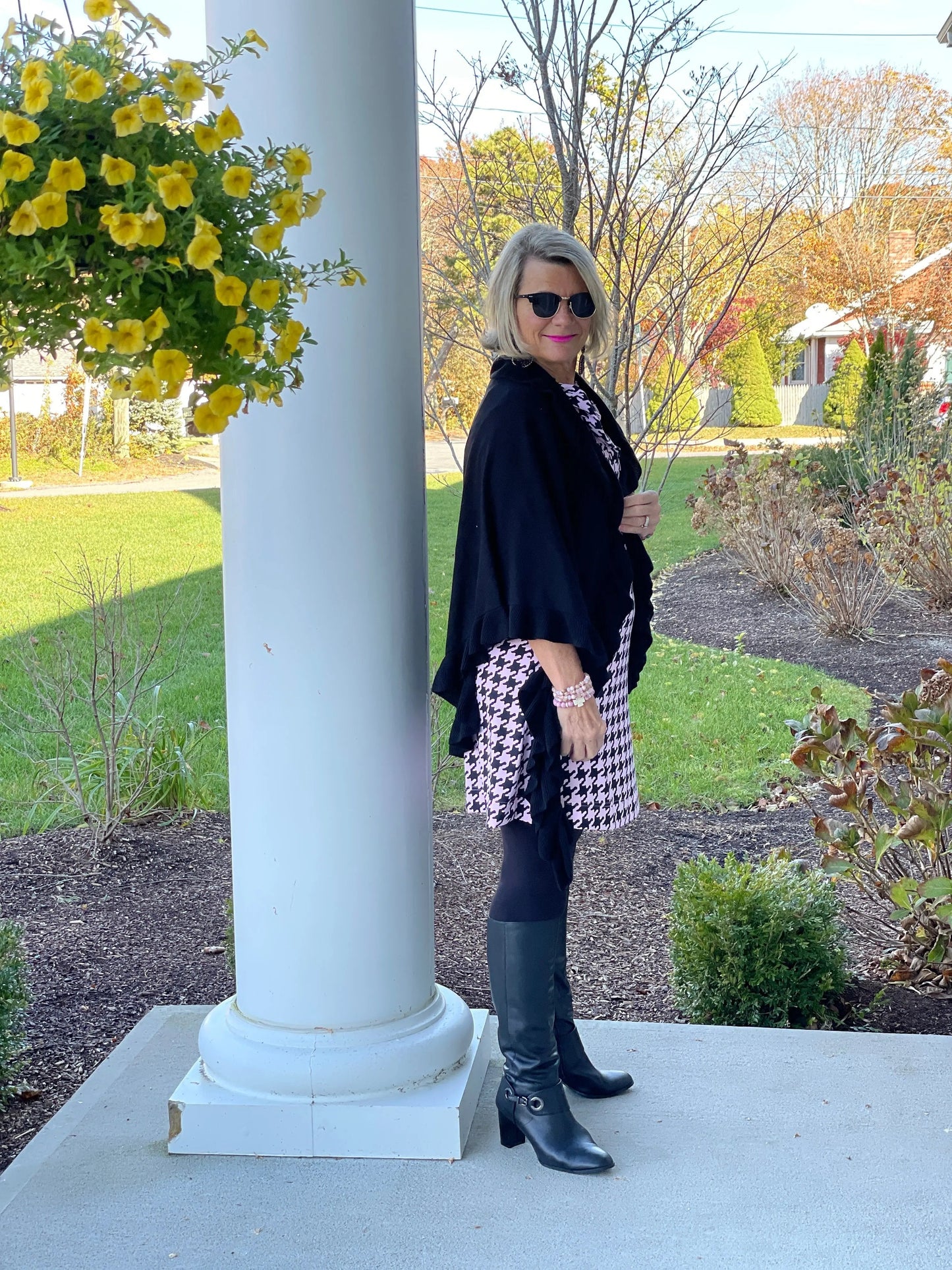 PINK HOUNDSTOOTH RUFFLE NECK DRESS FINAL,SALE